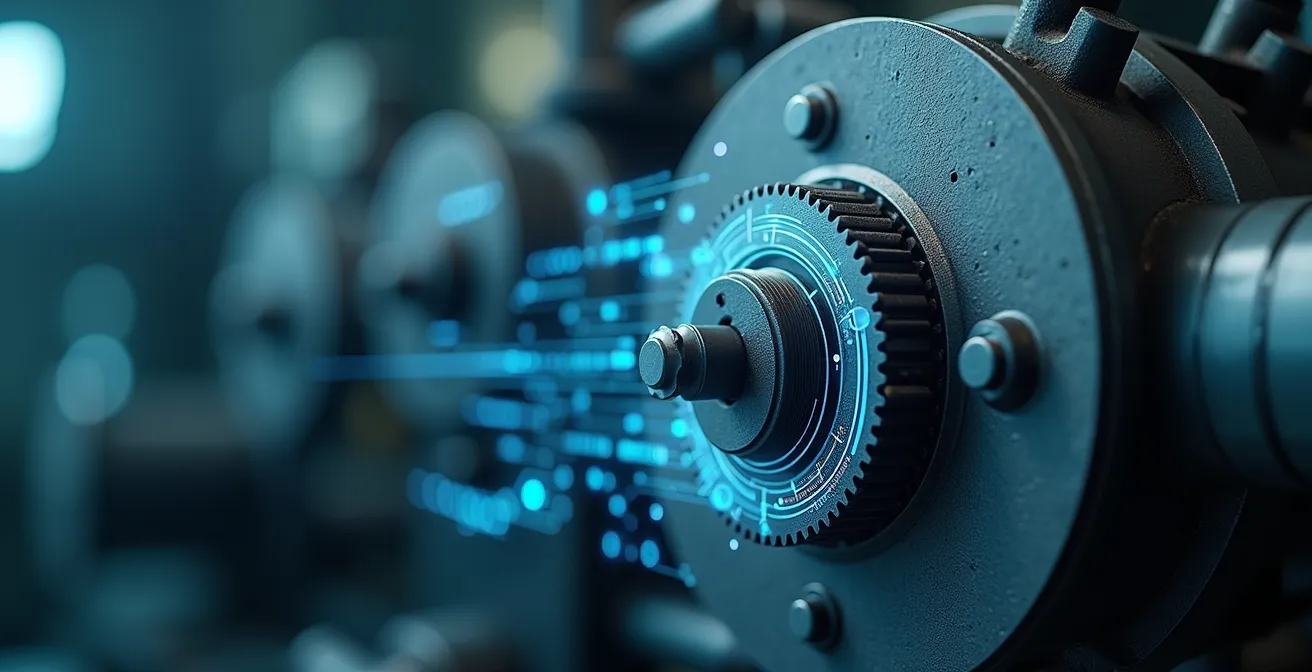 Close-up of industrial machinery with a subtle, abstract pattern of data streams overlaying the surface, showing dynamic textures and fine details with shallow depth of field