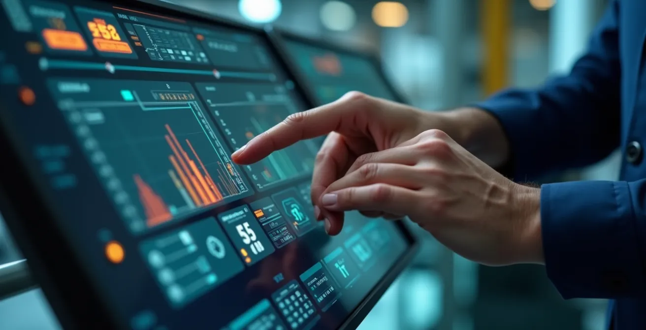 Close-up editorial photo of an industrial operator interacting with a sleek, illuminated digital control dashboard with natural lighting and shallow depth of field