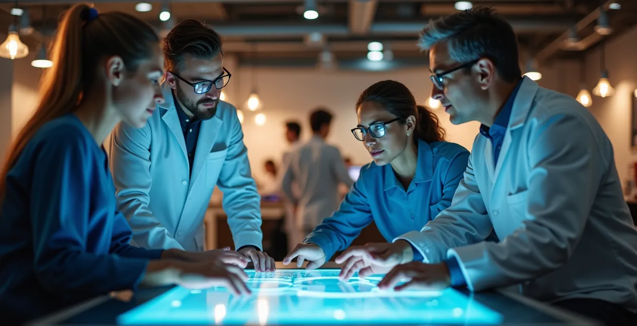 A diverse design team collaborating around a large table with digital screens and industrial models, soft natural light filling the clean studio, symbolizing multidisciplinary cooperation
