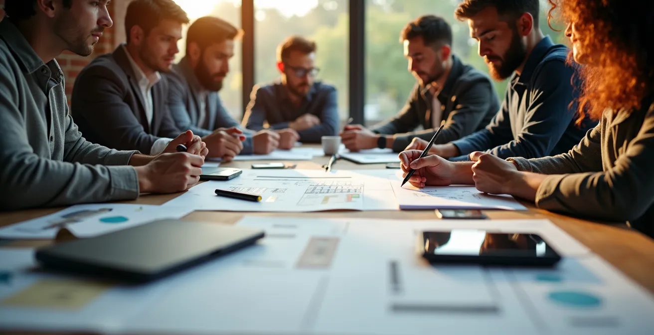Environmental shot of a diverse industrial design team collaborating with digital devices and sketches around a workspace filled with natural light