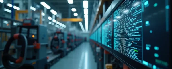 Photorealistic editorial image of a modern industrial setting showing the seamless integration of IT and OT systems, with digital overlays on physical machinery, natural lighting, and a clean industrial background with balanced negative space