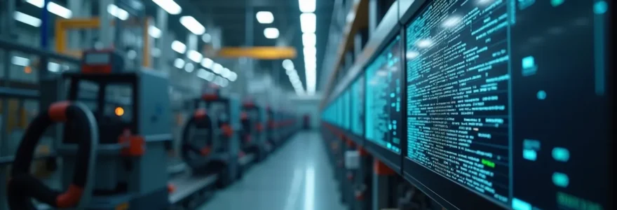 Photorealistic editorial image of a modern industrial setting showing the seamless integration of IT and OT systems, with digital overlays on physical machinery, natural lighting, and a clean industrial background with balanced negative space