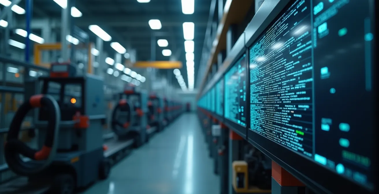 Photorealistic editorial image of a modern industrial setting showing the seamless integration of IT and OT systems, with digital overlays on physical machinery, natural lighting, and a clean industrial background with balanced negative space