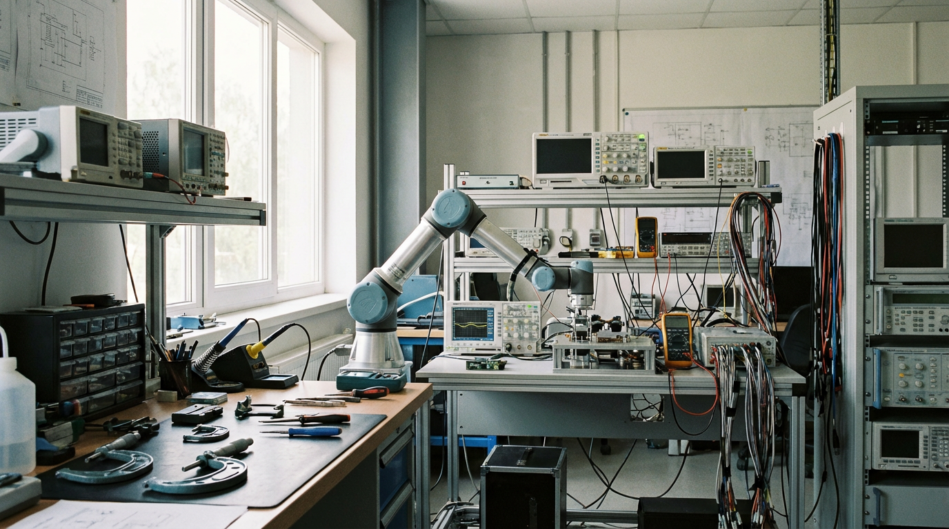 Atelier technique de reconditionnement robot industriel avec banc d'essai et équipements de mesure