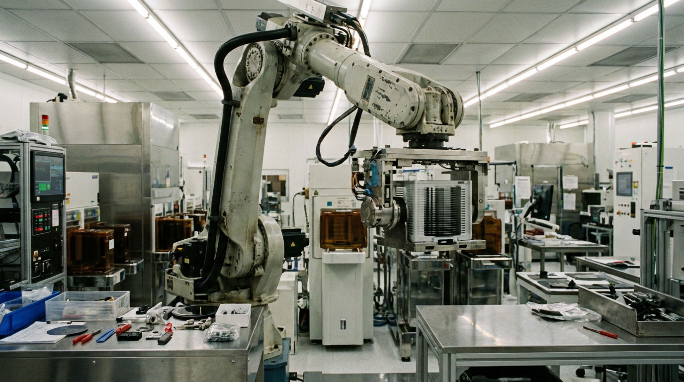 Robot de manipulation wafers en fonctionnement (loadport reconditionnement) dans environnement cleanroom