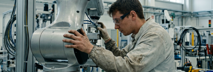 Technicien inspectant un robot de manipulation industriel (reconditionnement robots industriels) dans un environnement de production