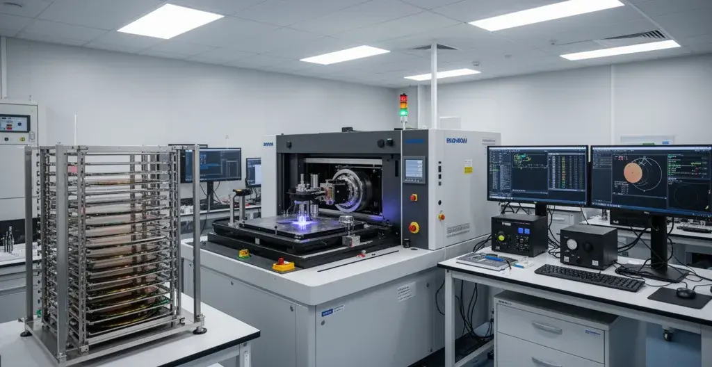 Semiconductor pre-aligner equipment during automated calibration testing in laboratory