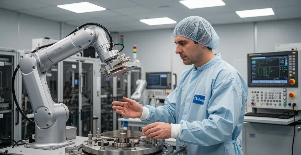 Technician inspecting semiconductor wafer handling robot in service laboratory